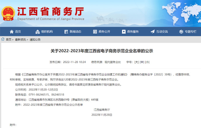 喜讯！第一枪荣获“2022-2023年度江西省电子商务示范企业”称号